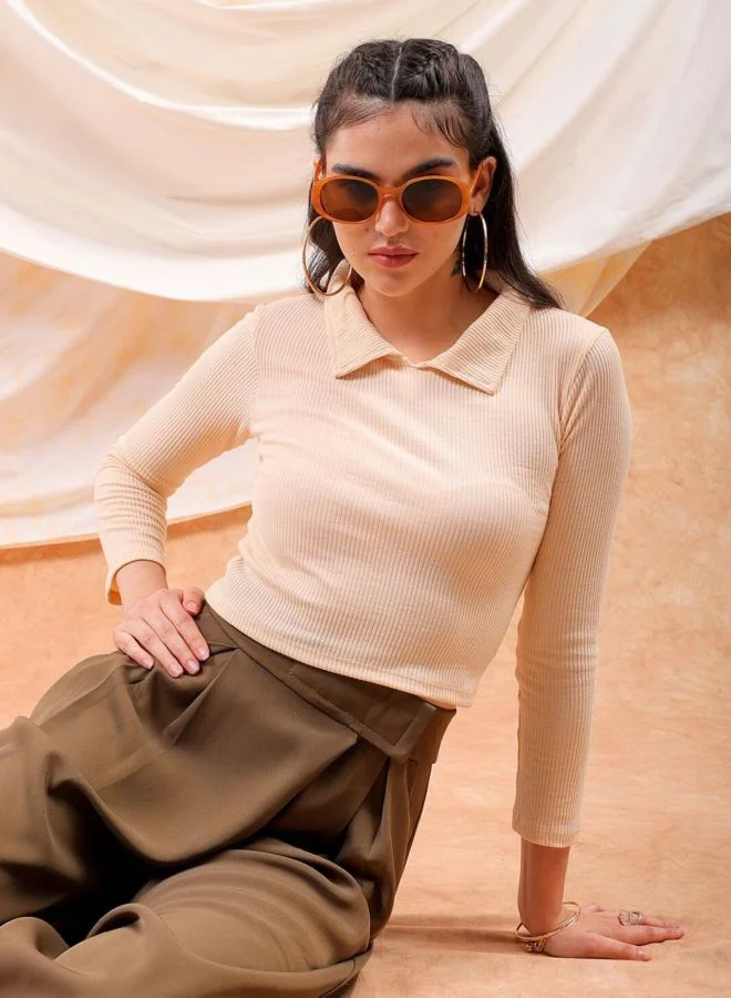 Women Regular Fit Solid Collared Neck Long Sleeve Top