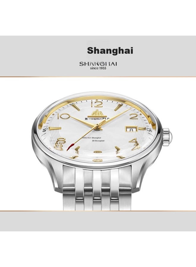 Shanghai سلسلة شنغهاي تريبيوت ليمتد الذكرى السنوية الـ70 ساعة أوتوماتيكية ميكانيكية للنساء بحزام جلدي من 18 قيراط هدية - Image 3