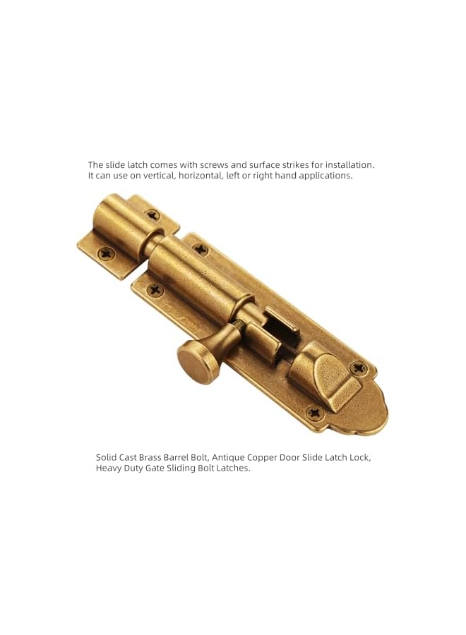 promass Solid Cast Brass Barrel Bolt, Antique Brass Door Slide Latch Lock, Heavy Duty Gate Sliding Bolt Latch - Image 5