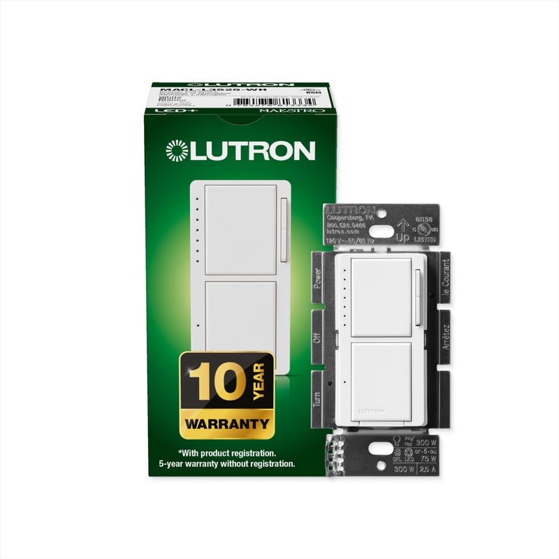 Lutron Maestro LED+ Dual Dimmer and Switch | 75-Watt LED Bulbs/2.5A Fans, Single-Pole | MACL-L3S25-WH | White - Image 1