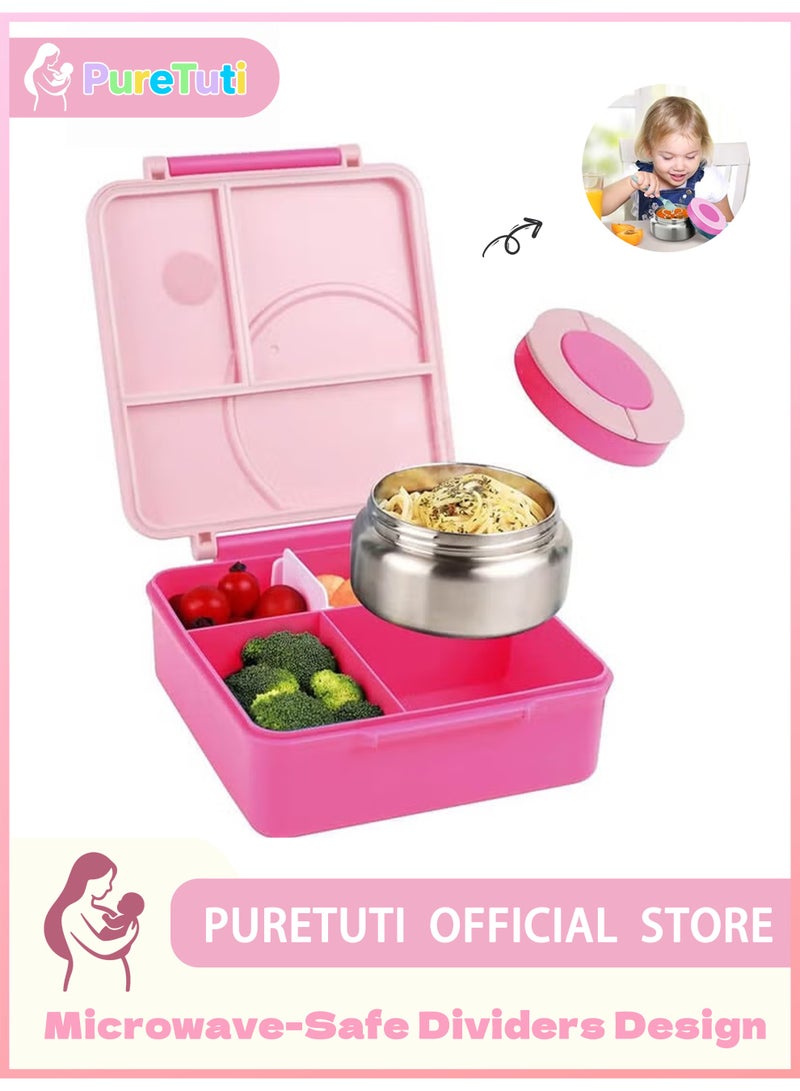 PureTuti Portable Lunch Box with Food Grade Stainless Steel, Maternal and infant grade materials，3-Compartment Large Storage Space and 1 Extra Rice Bowl, Leak proof, Microwave, Dishwasher, Freezer Safe, Bpa-Free, Pink - Image 1