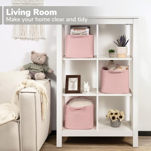 Goodpick Pink Storage Baskets for Organizing Woven Rope Baskets for Shelves Baby Basket for Nursery Toy Storage Bins Decorative Empty Gift Basket 13 x 10 x 9 - Image 3