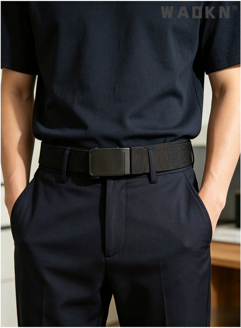 WAOKN Unisex Nylon Belt, Adjustable Automatic Buckle Belt for Men & Women, Comfortable，Durable No-Hole Elastic Nylon Waist Strap with Alloy Buckle,  Adjustable Belt for Casual Business Outdoor Activities, Minimalist Chic All-Match Belt, Black120 cm， - Image 2
