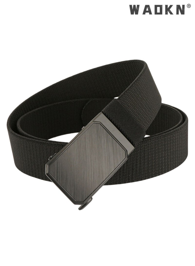 WAOKN Unisex Nylon Belt, Adjustable Automatic Buckle Belt for Men & Women, Comfortable，Durable No-Hole Elastic Nylon Waist Strap with Alloy Buckle,  Adjustable Belt for Casual Business Outdoor Activities, Minimalist Chic All-Match Belt, Black120 cm， - Image 1
