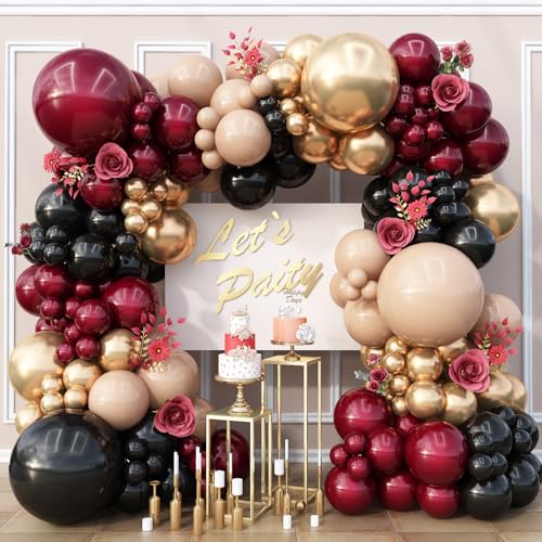 Togvu Double Stuffed Burgundy Gold Black Balloon Arch Kit Maroon Nude Balloon Garland Kit Dark Red Apricot Garnet Wine Red Latex Balloons for Graduation Birthday Anniversary Wedding Party Decorations - Image 1