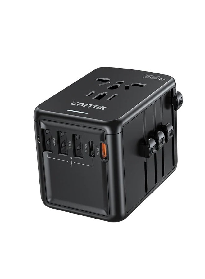 UNITEK 35W Universal Travel Adapter, GaN Fast Charger with 2 USB-C PD & 3 USB-A Ports, International Power Plug Adapter for 200+ Countries, UK/EU/US/AU Travel Charge - Image 2