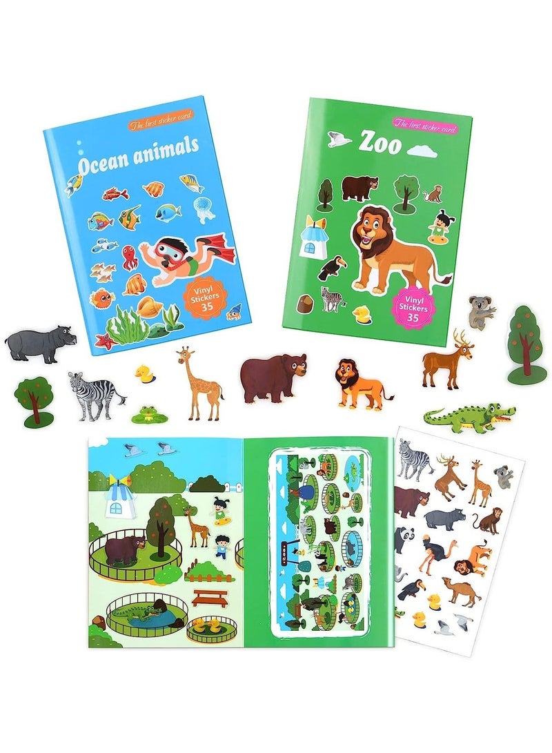 كابتن تيك Sticker Books Toys for 3 Year-Old and Up Boys Girls, 2 Packs Reusable Sticker Book Learning Toys for Toddlers, Animal Sticker Ocean World Sticker Book for Toddler Educational Sticker Toy - Image 1