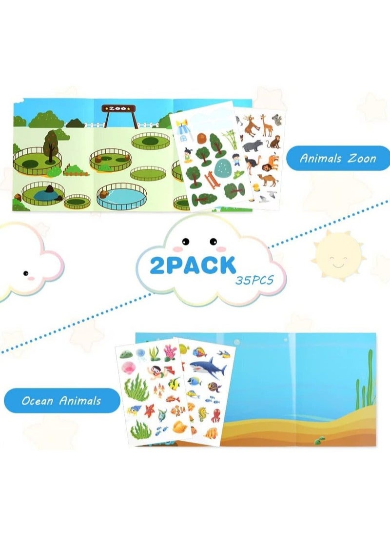 كابتن تيك Sticker Books Toys for 3 Year-Old and Up Boys Girls, 2 Packs Reusable Sticker Book Learning Toys for Toddlers, Animal Sticker Ocean World Sticker Book for Toddler Educational Sticker Toy - Image 2