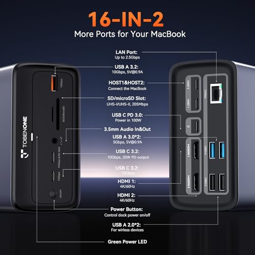 TOBENONE محطة توصيل توبين ون لجهاز ماك بوك، مزدوجة 4K@60Hz، محطة توصيل USB C 16 في 2 مع 2 منفذ HDMI، 7 منافذ USB، مزود طاقة GaN بقوة 100 واط وشحن 20 واط، إيثرنت بسرعة 2.5 جيجابت في الثانية، للاستخدام المنزلي والمكتبي - Image 3