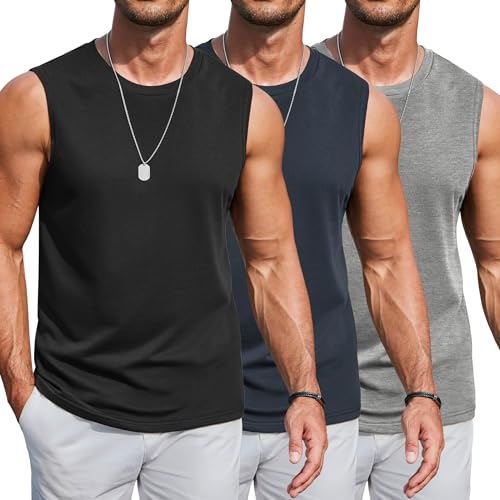 COOFANDY Bodybuilding Tank Top for Men 3 Pack Cotton Blend Boxing T Shirts Fitness Sleeveless Workout Shirts Grey L - Image 1