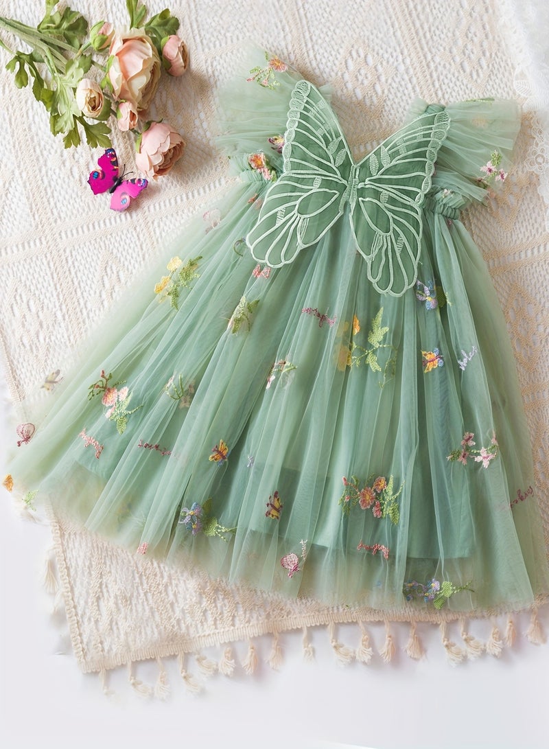 Newborn Baby Girl Butterfly Princess Dress with Wings Design – Floral Mesh Party Dress, Baby Gift Set, Newborn Baby Clothes, Tulle Dress – Green - Image 1