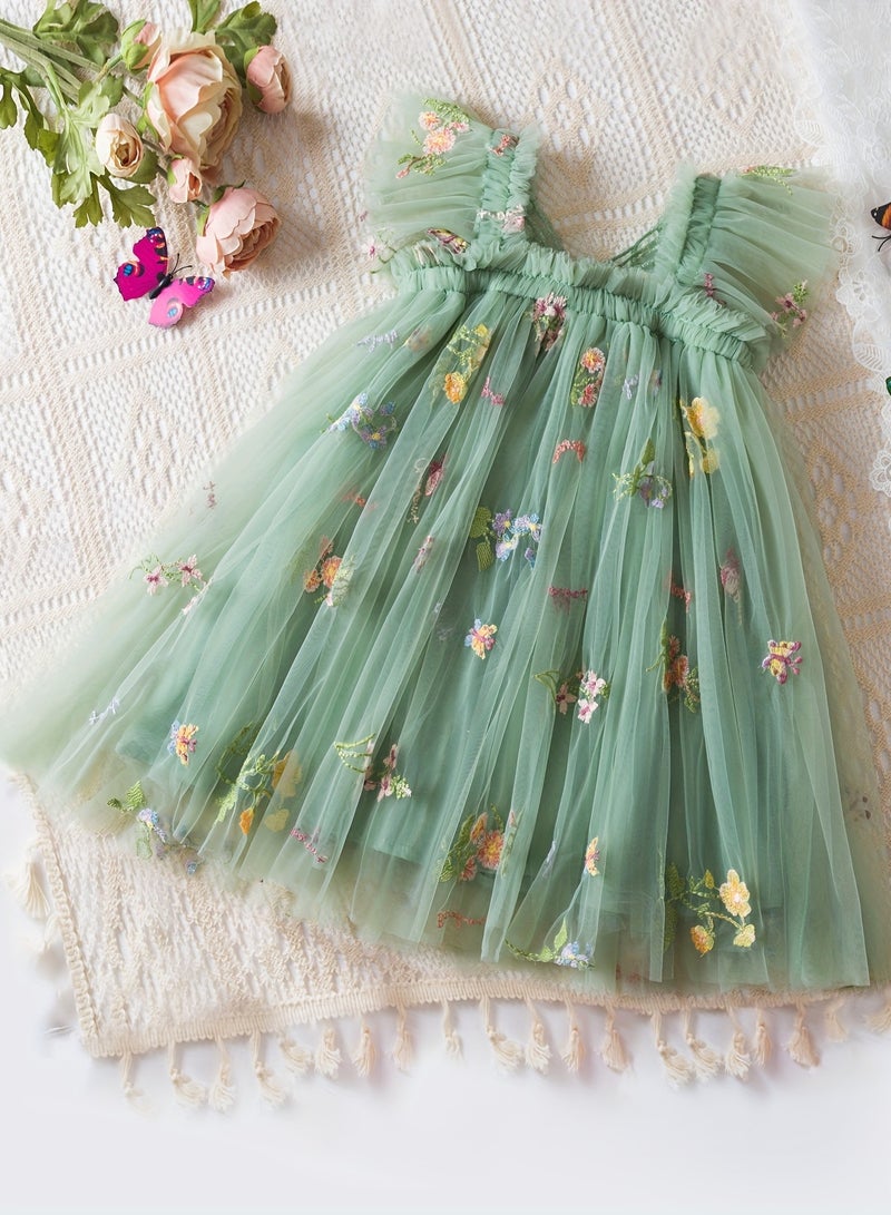 Newborn Baby Girl Butterfly Princess Dress with Wings Design – Floral Mesh Party Dress, Baby Gift Set, Newborn Baby Clothes, Tulle Dress – Green - Image 2