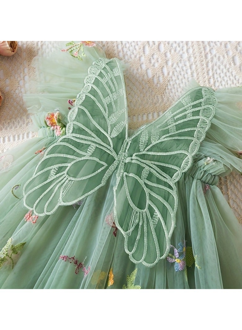 Newborn Baby Girl Butterfly Princess Dress with Wings Design – Floral Mesh Party Dress, Baby Gift Set, Newborn Baby Clothes, Tulle Dress – Green - Image 3
