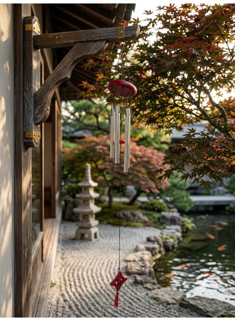 Wind Chimes Silver Aluminum  with Red Wooden Top & Tassel – 56cm Melodic Hanging Decor for Garden, Home & Balcony - Image 4