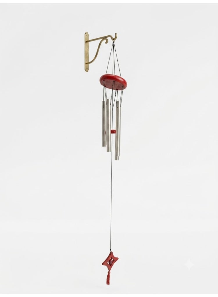 Wind Chimes Silver Aluminum  with Red Wooden Top & Tassel – 56cm Melodic Hanging Decor for Garden, Home & Balcony - Image 1