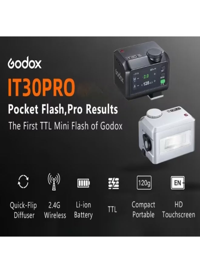 جودوكس فلاش Godox iT30 Pro N Mini لكاميرات نيكون - تعريض تلقائي TTL، سرعة عالية عالية (HSS) 1/8000 ثانية، نظام لاسلكي X 2.4G، شاشة لمس ملونة كاملة مقاس 2.8 بوصة، بطارية ليثيوم، موزع مدمج، فلاش سفر صغير الحجم - أسود - Image 2