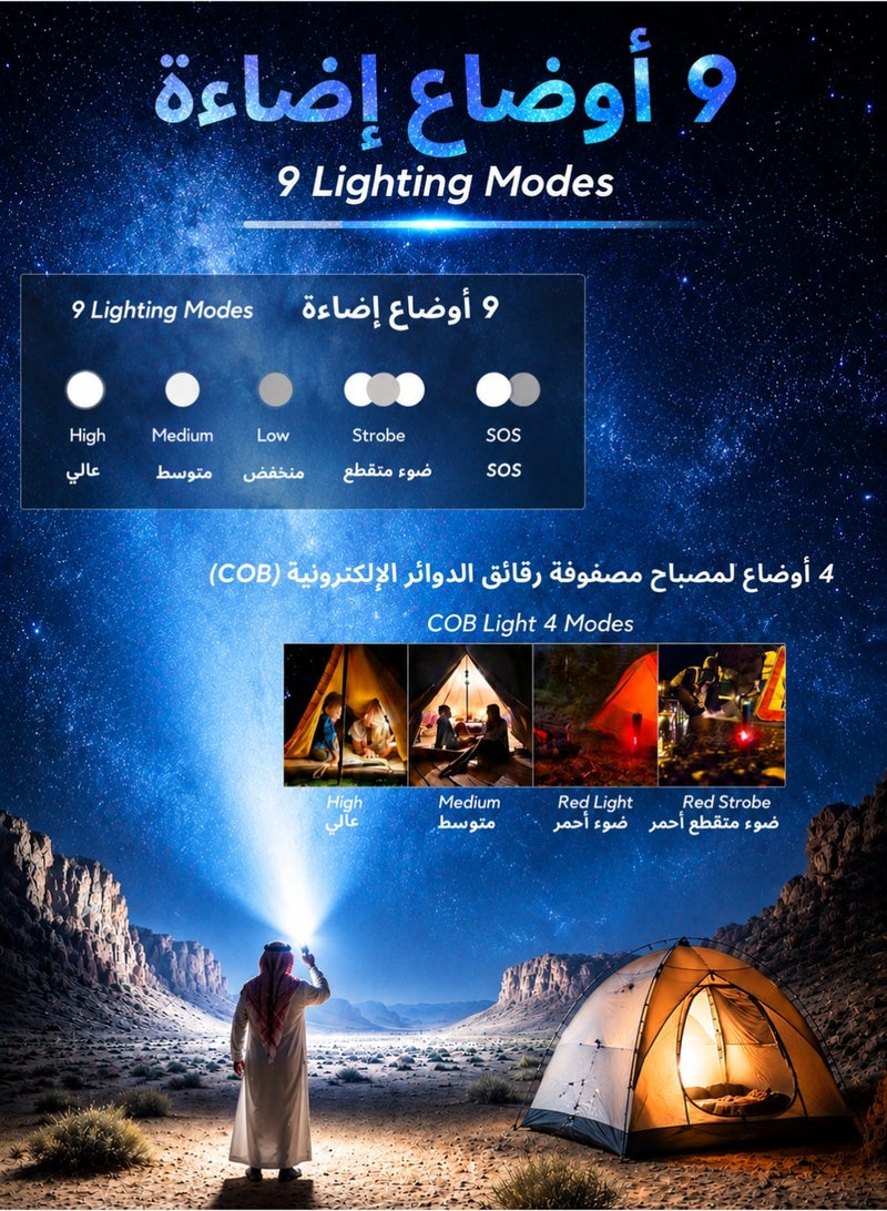 ديقيساند Digisand كشاف, كشاف قوي, ٩ أوضاع إضاءة | مقاوم للماء والصدمات | ٣٠ واط إضاءة LED لـ ١٥٠٠ متر (قابل للتكبير) | ملحق تخييم | بطارية ٥٠٠٠ مللي أمبير قابلة لإعادة الشحن حتى ١٠ ساعات استخدام | قاعدة مغناطيسية مع إضاءة جانبية COB لحالات استخدام متعددة - Image 2