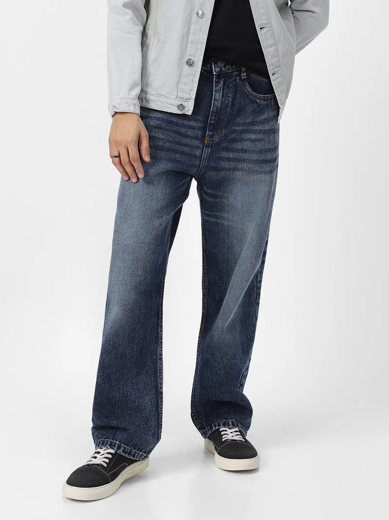 Urbano Fashion Men's Dark Blue Loose Baggy Fit Washed Jeans Non-Stretchable