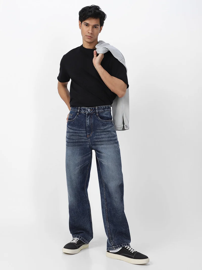 Urbano Fashion  Urbano Fashion Men's Dark Blue Loose Baggy Fit Washed Jeans Non-Stretchable  | Best Price UAE