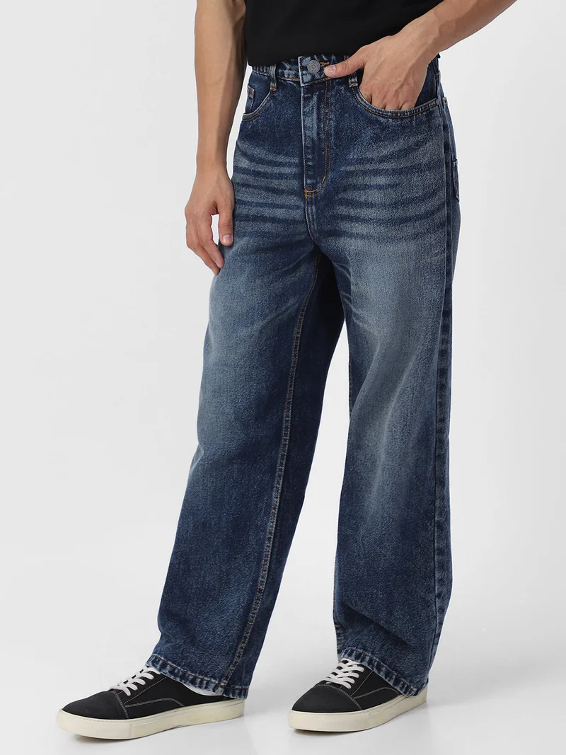 Urbano Fashion  Urbano Fashion Men's Dark Blue Loose Baggy Fit Washed Jeans Non-Stretchable  | Best Price UAE