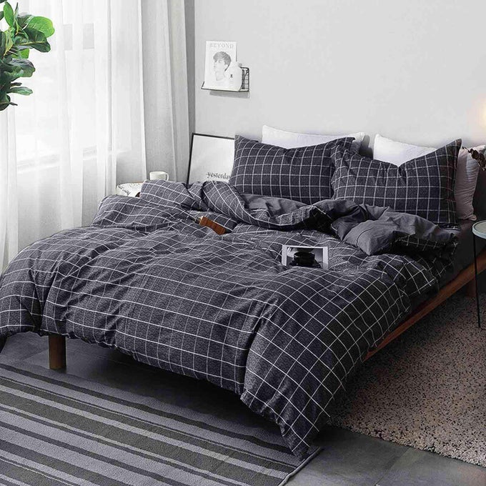 QUEEN DUVET COVER SET BLACK GRID GEOMETRIC 3 PIECES 90X90 LUXURY MICROFIBER QUILT BEDDING COVER WITH ZIPPER CLOSURE TIES ORGANIC MODERN STYLE FOR MEN AND WOMEN PLAID