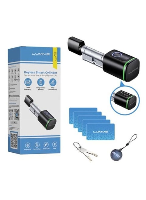 Lumive Smart Door Lock, Fingerprint + Keypad Door Lock, Bluetooth App Unlock,2 Keys,5 RFID Cards,Fixed Cylinder, Black [Battery Included] (60mm Smart Cylinder)