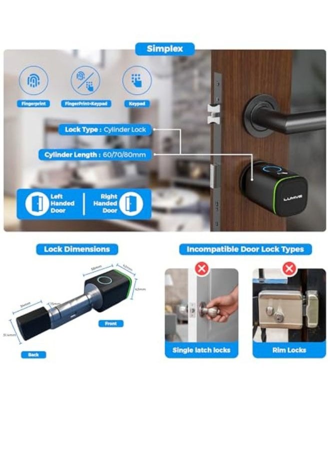 Lumive Smart Door Lock, Fingerprint + Keypad Door Lock, Bluetooth App Unlock,2 Keys,5 RFID Cards,Fixed Cylinder, Black [Battery Included] (60mm Smart Cylinder)