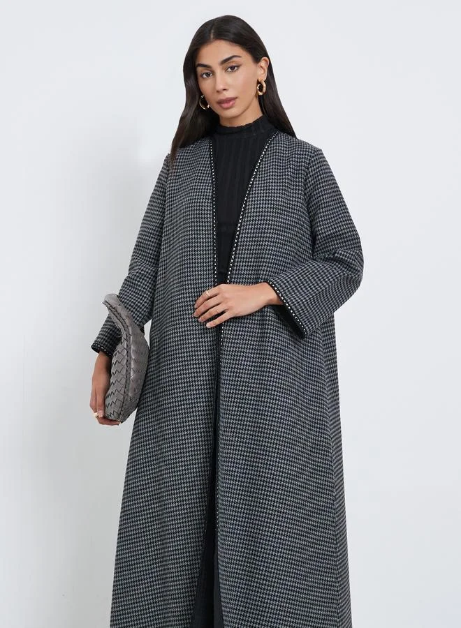 Amirah Amirah Charcoal Brushed Houndstooth Front Open Abaya