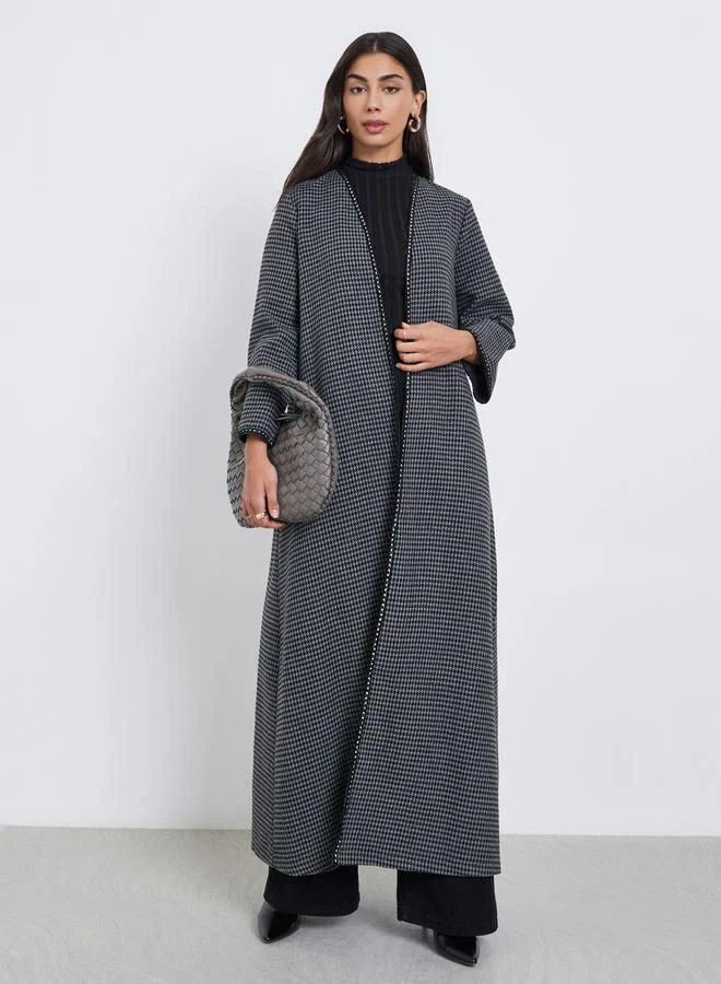 Charcoal Brushed Houndstooth Front Open Abaya