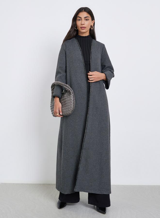Amirah Charcoal Brushed Houndstooth Front Open Abaya - Image 1
