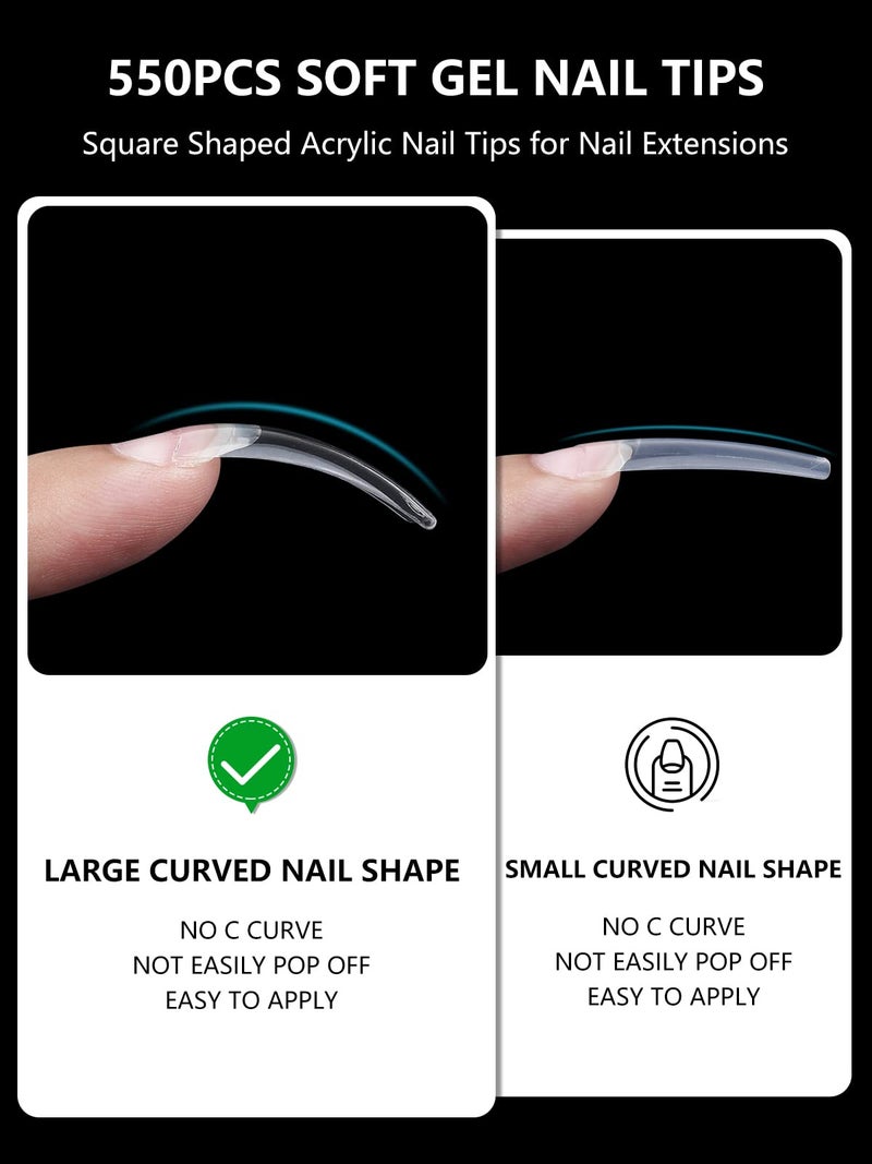 Yokilly Clear Coffin Nails Tips, 550PCS Long C Curved Nail Tips for Acrylic Nails Professional, Half Cover Square Soft Gel Fake Nail Tips for Dip Powder Nail Salons and DIY Nail Art - Image 3