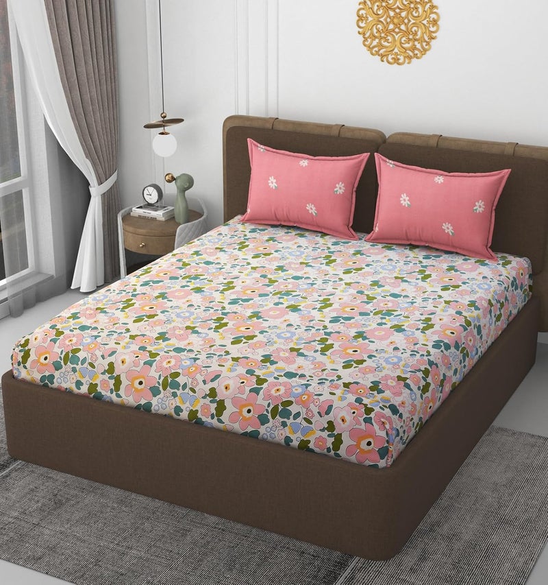 VOMZER 350 TC Cotton Feel All Around Elastic Fitted Bedsheets King Size, Premium Elastic Fitted King Size Bed Sheet for Double Bed with 2 Pillow Covers, Size- 78” x 72” (Pink Flower) - Image 1