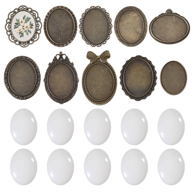 CHGCRAFT 10 Set 10 Style Embroidery Pendant Tray Set Embroidery Brooch Making Kits Round Bezel Pendant Trays Blank Frame for DIY Jewelry Making Crafts Projects Antique Bronze - Image 3