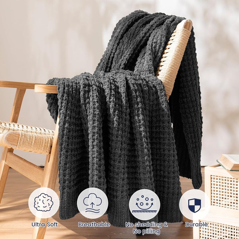 PHF Waffle Knit Blanket Twin Size- Chunky, Warm & Cozy 60" x 80" Ultra Soft Blanket- Chenille Knit Plush Fluffy Waffle Blanket for Couch Bed Sofa - Charcoal Grey - Image 3