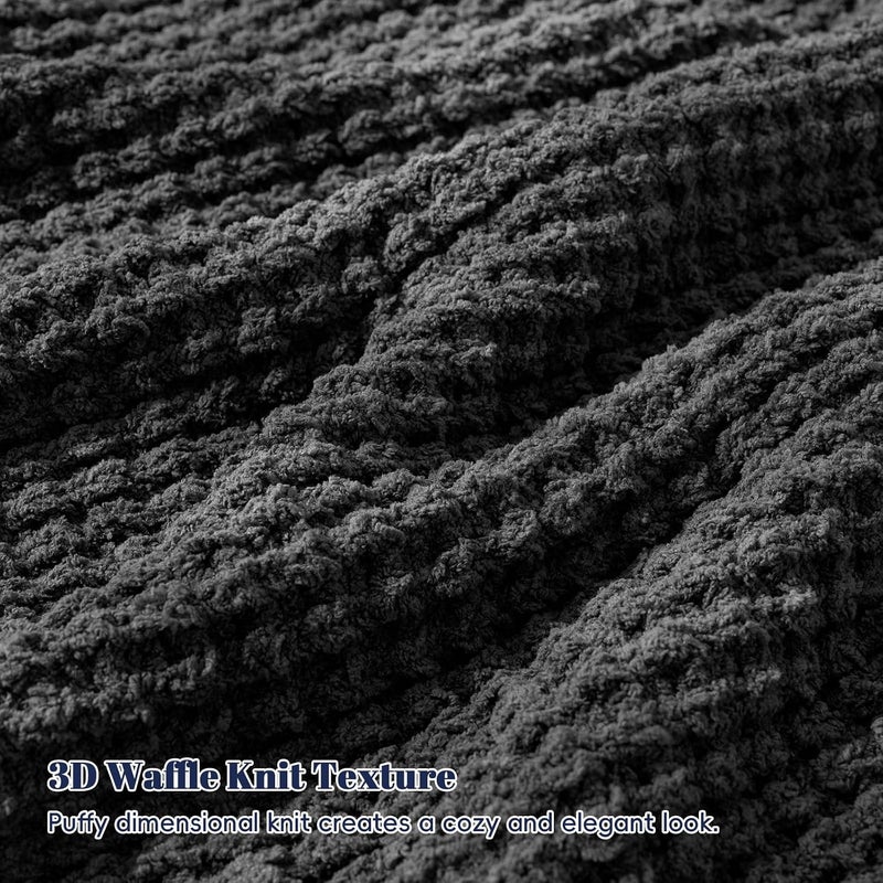 PHF Waffle Knit Blanket Twin Size- Chunky, Warm & Cozy 60" x 80" Ultra Soft Blanket- Chenille Knit Plush Fluffy Waffle Blanket for Couch Bed Sofa - Charcoal Grey - Image 4