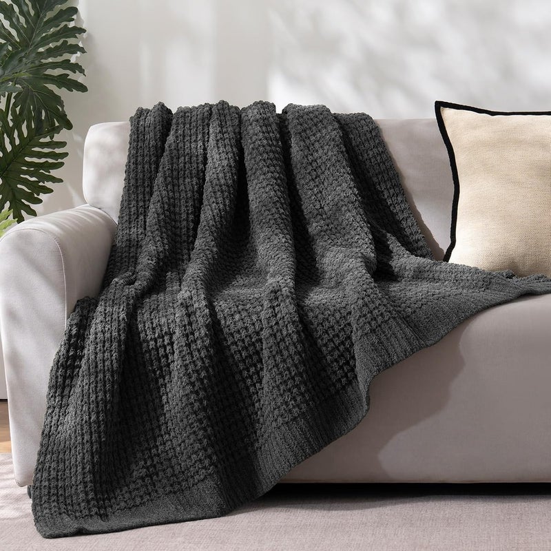 PHF Waffle Knit Blanket Twin Size- Chunky, Warm & Cozy 60" x 80" Ultra Soft Blanket- Chenille Knit Plush Fluffy Waffle Blanket for Couch Bed Sofa - Charcoal Grey - Image 1