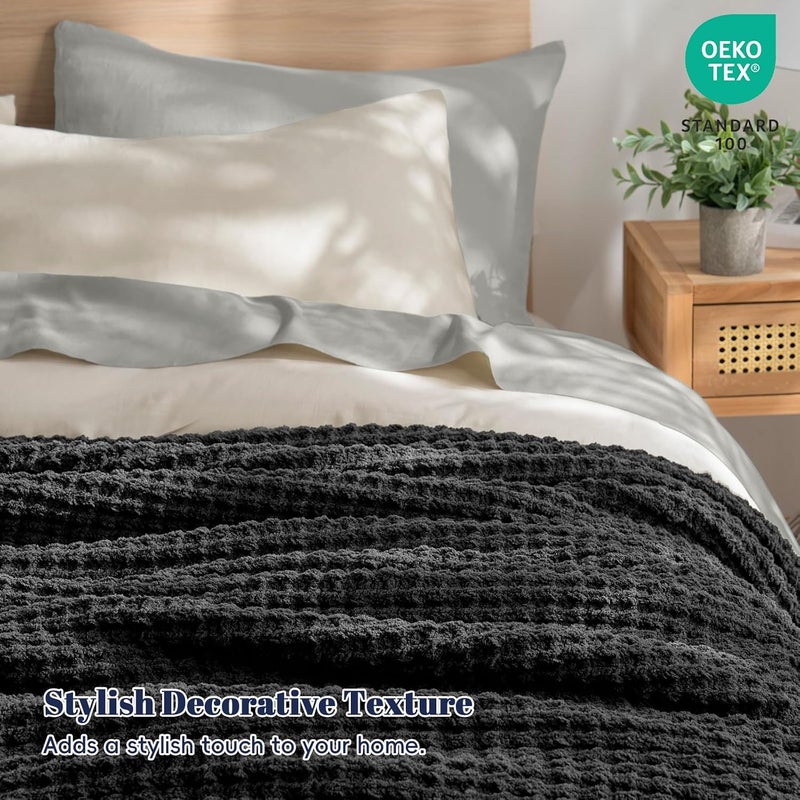 PHF Waffle Knit Blanket Twin Size- Chunky, Warm & Cozy 60" x 80" Ultra Soft Blanket- Chenille Knit Plush Fluffy Waffle Blanket for Couch Bed Sofa - Charcoal Grey - Image 5