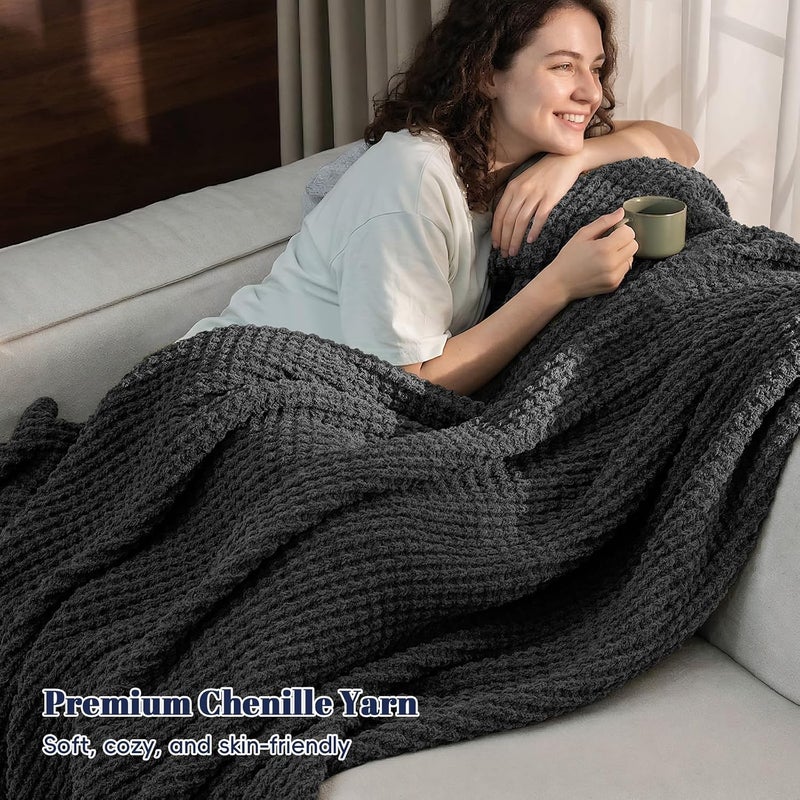 PHF Waffle Knit Blanket Twin Size- Chunky, Warm & Cozy 60" x 80" Ultra Soft Blanket- Chenille Knit Plush Fluffy Waffle Blanket for Couch Bed Sofa - Charcoal Grey - Image 2