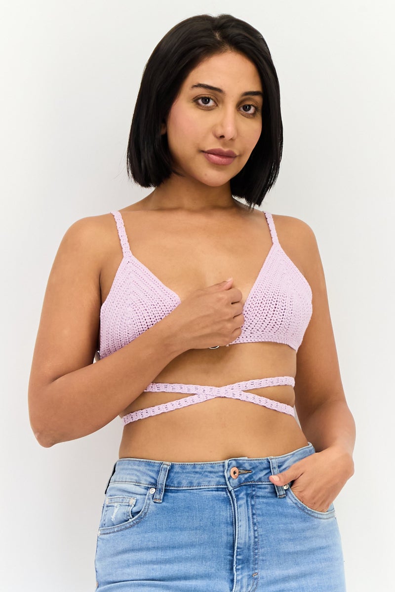 Bershka Women Halter Neck Sleeveless Crochet Tops, Purple - Image 1