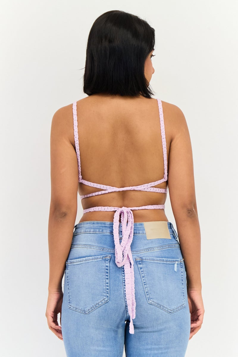 Bershka Women Halter Neck Sleeveless Crochet Tops, Purple - Image 3