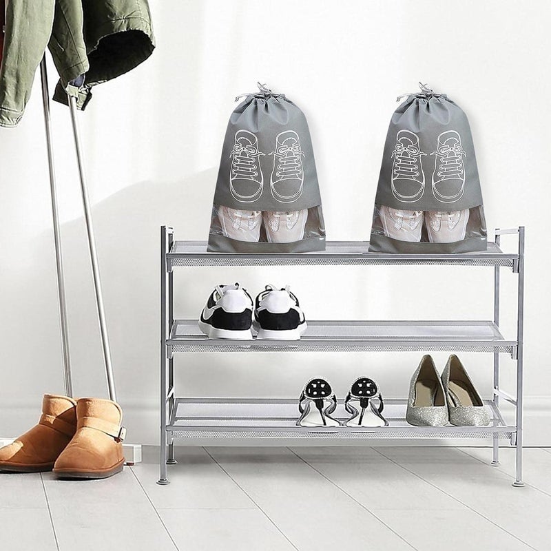 Large Fabric Drawstring Shoe Bags with Transparent Slots, Set of 5, Grey - Image 5