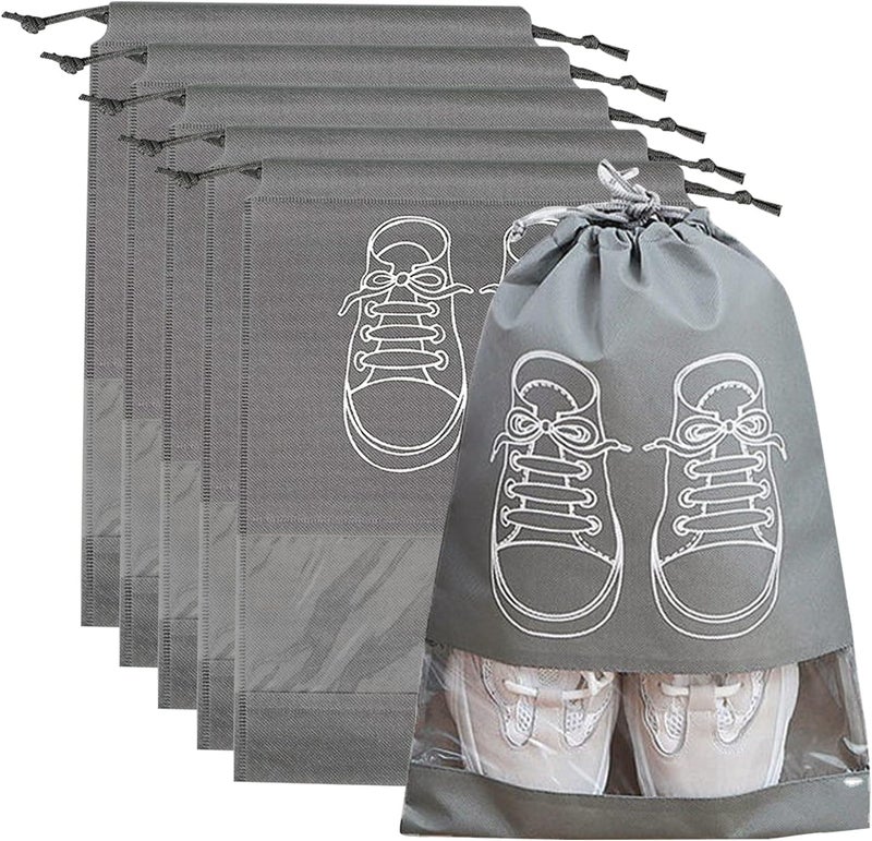 Large Fabric Drawstring Shoe Bags with Transparent Slots, Set of 5, Grey - Image 1