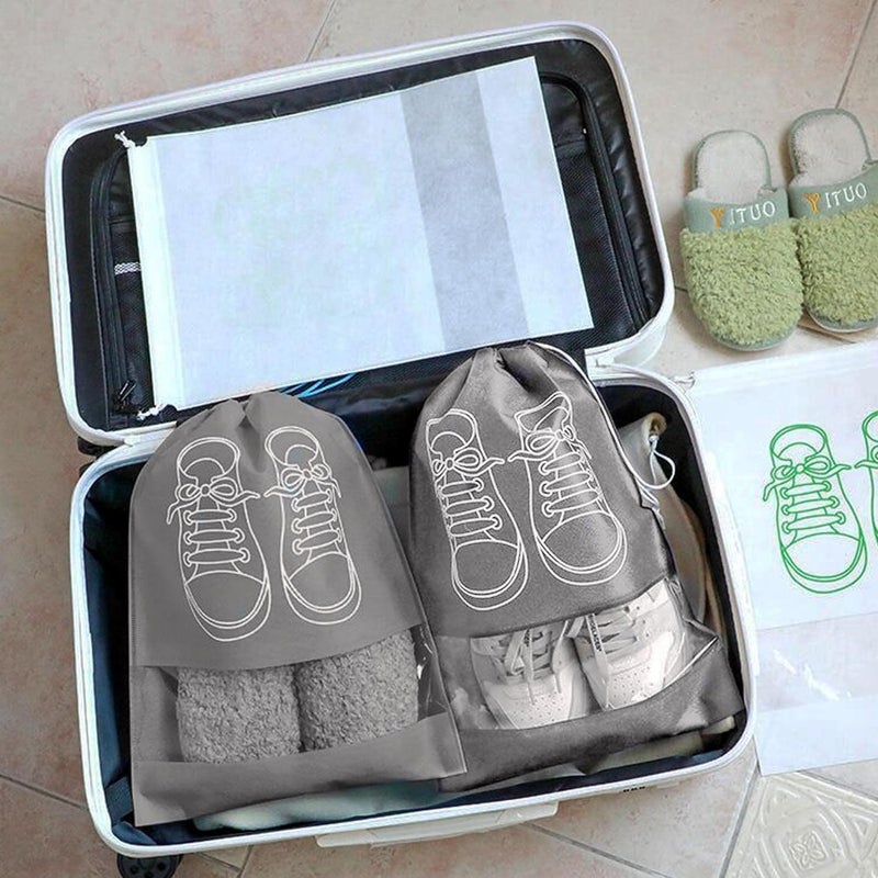 Large Fabric Drawstring Shoe Bags with Transparent Slots, Set of 5, Grey - Image 4