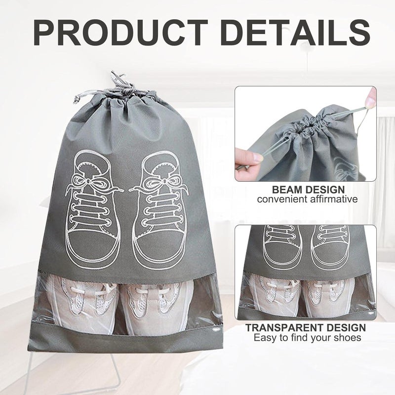 Large Fabric Drawstring Shoe Bags with Transparent Slots, Set of 5, Grey - Image 3