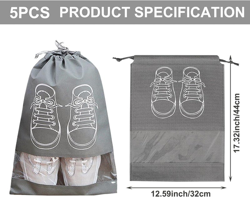 Large Fabric Drawstring Shoe Bags with Transparent Slots, Set of 5, Grey - Image 2