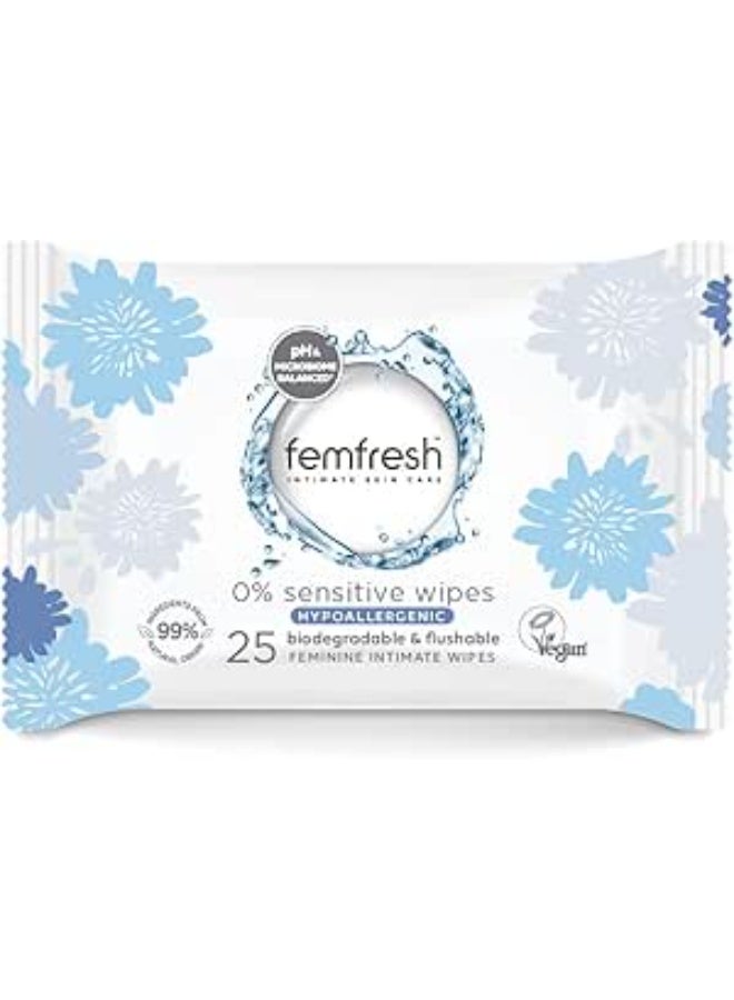 فيم فريش Femfresh 0% Sensitive Intimate Wipes, Biodegradable & Flushable, Made of 100% Plant Sourced Fibers, Fragrance & Soap Free, Unscented, Vegan, pH Balanced, Hypoallergenic Skin Care, Pack of 25 - Image 1