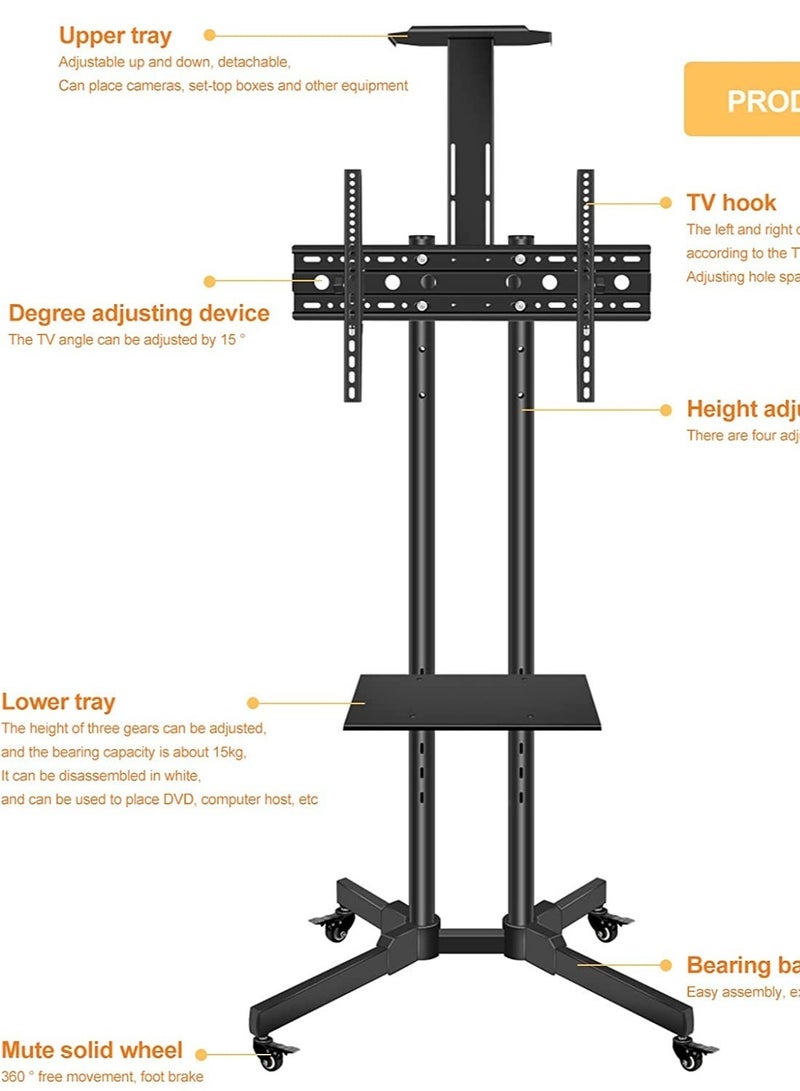 ELTRAZONE Mobile TV Carts Floor Stand For 32-65 Inch, TV Mount Stands,Height Adjustable TV Stand Shelf and Tray, Heavy Rolling Locking Wheels,For Most LED LCD 4K Screen TV VESA 600x400mm - Image 3