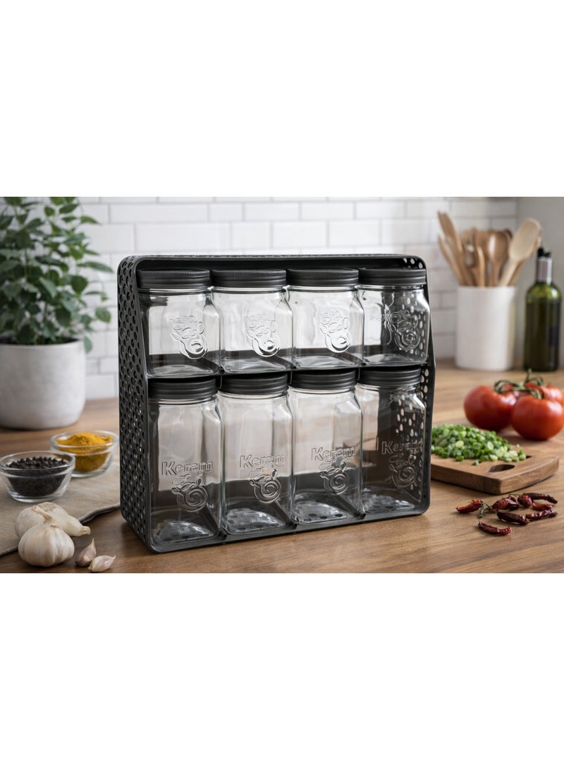 طقم برطمانات توابل وبهارات شفافة بأغطية مع حامل معدني منظم للمطبخ من مستويين - 8 قطع - ألوان متعددة - Image 3
