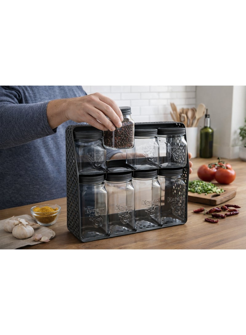 طقم برطمانات توابل وبهارات شفافة بأغطية مع حامل معدني منظم للمطبخ من مستويين - 8 قطع - ألوان متعددة - Image 2
