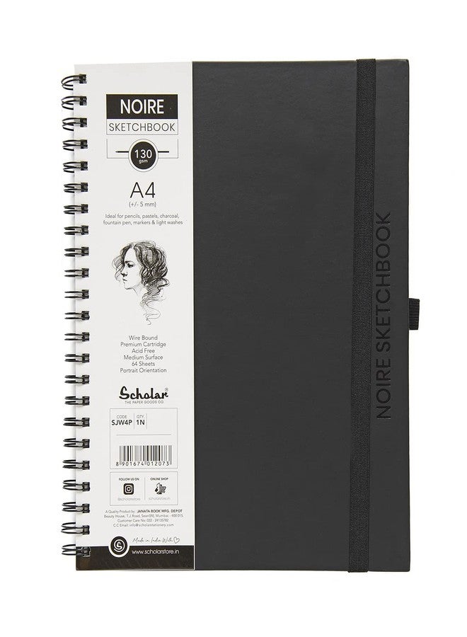 Scholar دفتر رسم Scholar Noire - ورق رسم طبيعي اللون بوزن 130 جرامًا للمتر المربع | دفتر رسم حلزوني مع إغلاق مطاطي | دفتر رسم فني ذو سطح أملس للرسم والتظليل والتوضيح (بورتريه) (A4) - Image 1